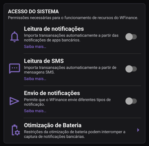 Opções de leitura, SMS, envio de avisos e bateria