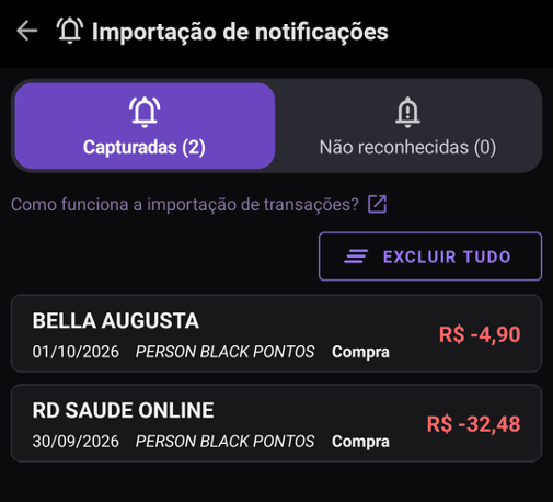 Lista de notificações capturadas aguardando importação