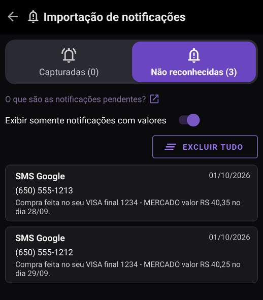 Lista de notificações recebidas e não reconhecidas