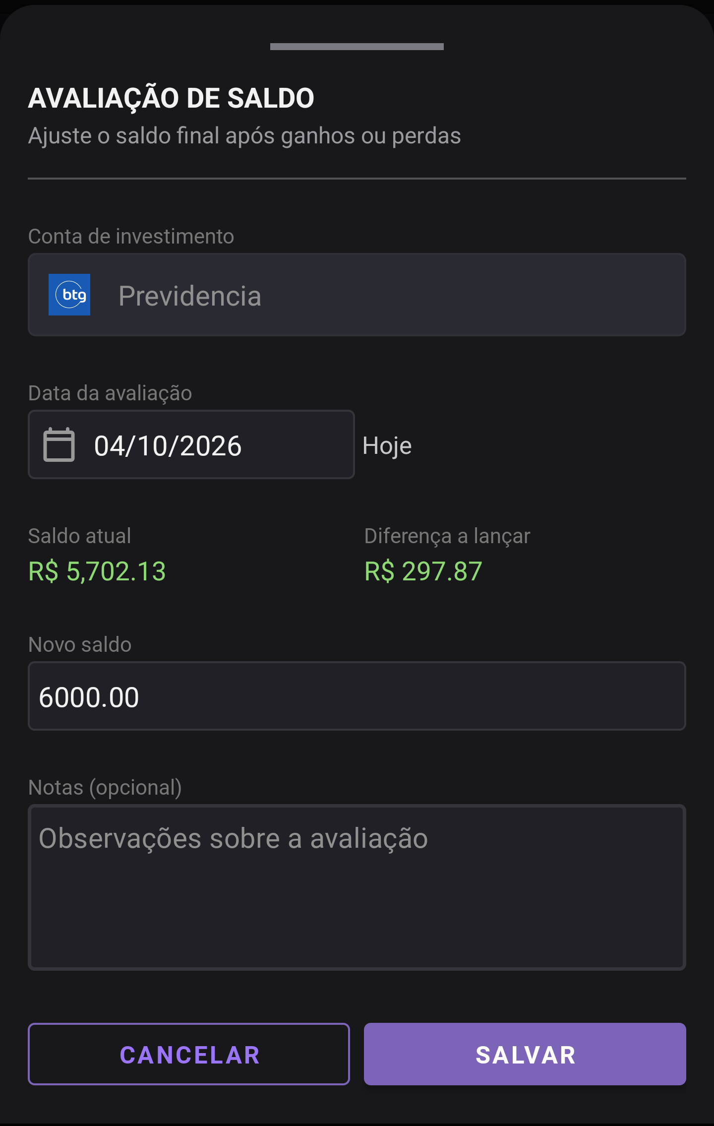 Avaliação de saldo da previdência, com a diferença entre o saldo do app e o novo saldo