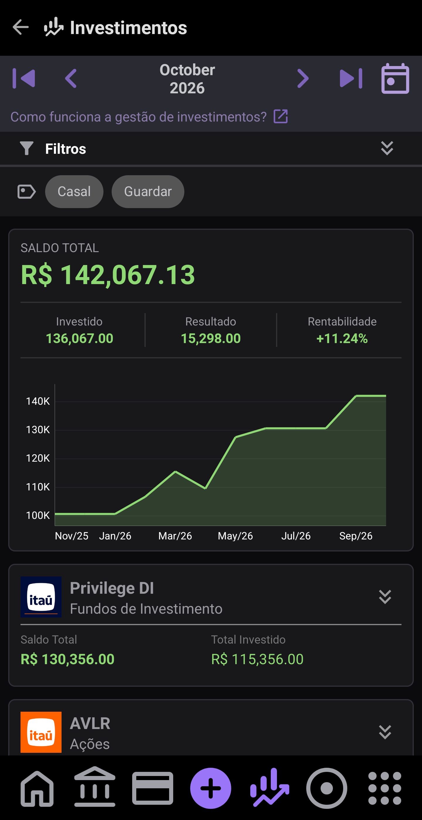 Tela de investimentos em outubro, com saldo, rentabilidade e a linha dos últimos 12 meses