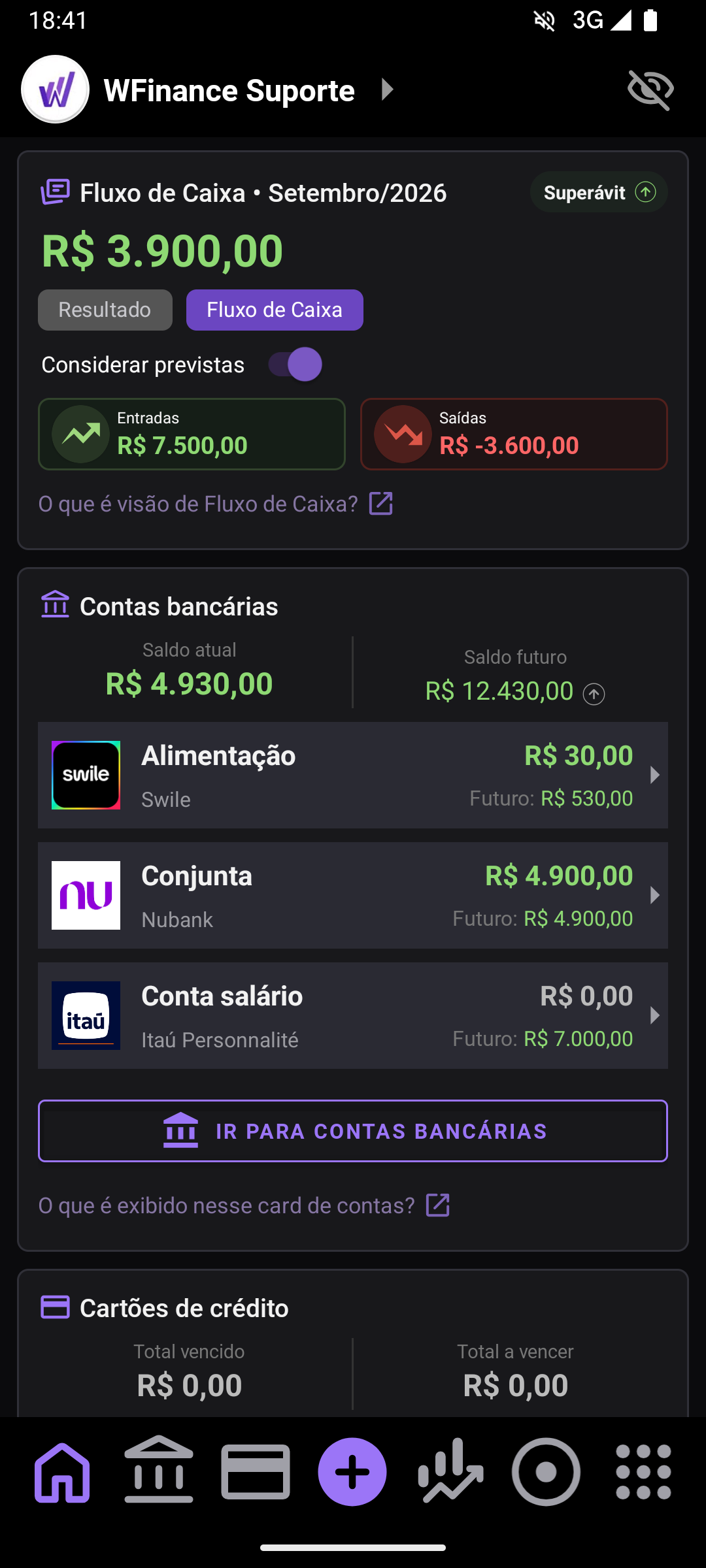 Painel inicial com fluxo de caixa e contas bancárias